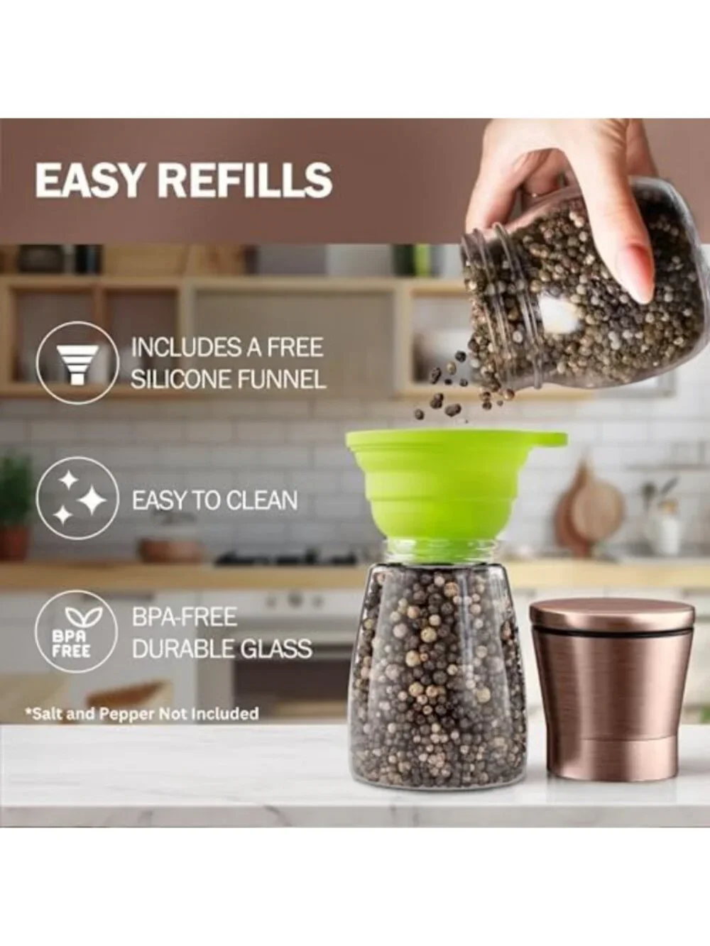 Adjustable Copper Salt and Pepper Grinder Set - Ceramic Mill with Funnel & Ebook